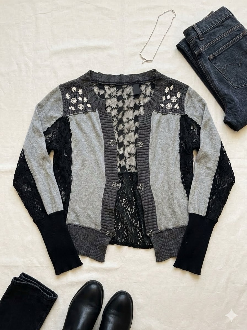 BKE Gray & Black Lace Panel Cardigan Sweater